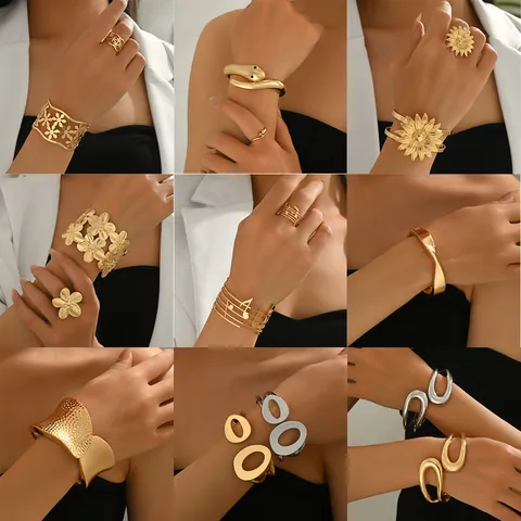 European American Geometric Zinc Alloy Jewelry Set Hollow Flower Snake Musical Note Gold Silver Bracelet Ring Set For Women
