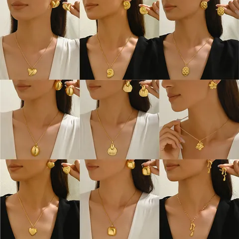Vintage Gold Plated Alloy Necklace And Earrings Jewelry For Women Geometric Heart Shell Floral Pendant Commuter Accessories