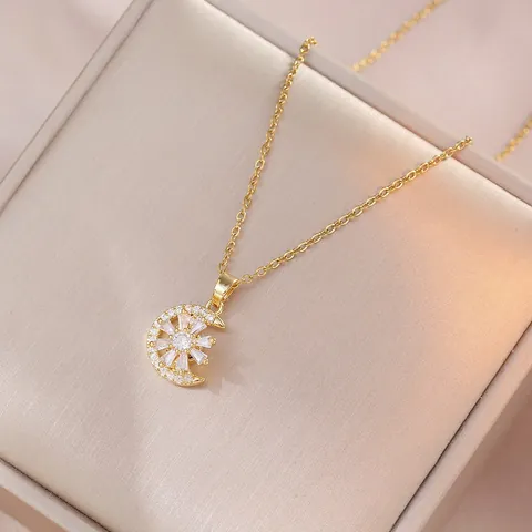 Luxury Rotating Flower Sun Moon Star Titanium Steel Zirconia Necklace Earring Ring Bracelet For Women Elegant Jewelry Set