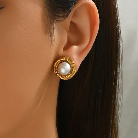 Vintage Alloy Pearl Stud Earrings For Women Gold Plated Geometric Metal Circle Shell Floral French Style Fashion Jewelry
