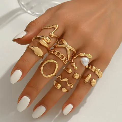 Minimalist Gold Plated Alloy Ring Set For Women Geometric Inlaid Artificial Pearl Rhinestone Adjustable Open Ring Fashion Jewelry