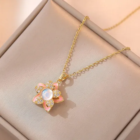 Titanium Steel Pink Flower Rotating Pendant Necklace And Open Ring With Zircon Enamel Iridescent Stone Women Fashion Jewelry