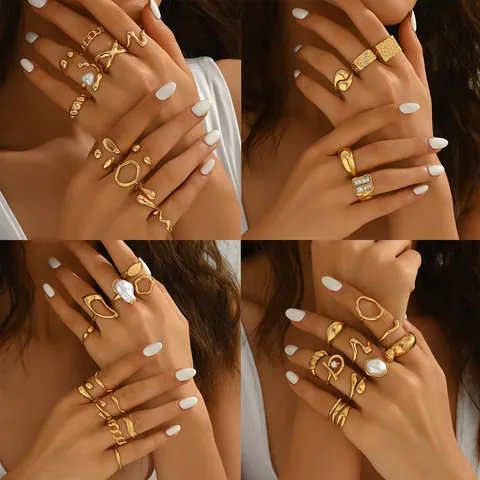 Juego de Anillos Geométricos de Aleación de Zinc Chapado en Oro para Mujer Estilo Bohemio Retro Con Perlas Artificiales Artificiales Strass Joyería