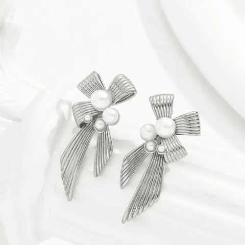 Bow Knot Stud Earrings Copper With Stainless Steel Earring Post Pearl Accent Sweet Trendy Jewelry For Women