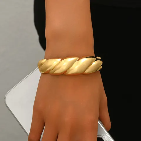 Women Vintage Chunky Zinc Alloy Bangle Irregular Polished Twisted Rope Wide Bracelet Gold Silver Plated Elegant Jewelry For Party