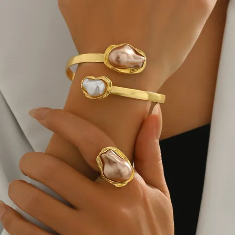 Parure de Bijoux en Alliage de Zinc Vintage avec Künstliche Perles Baroques pour Femmes Bracelet Ouvert avec Incrustation Géométrique et Bague