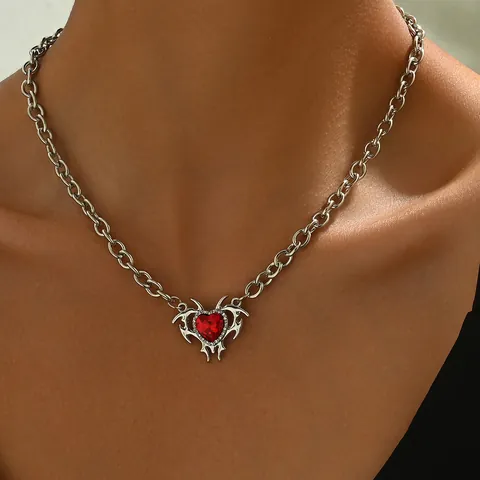 Gothic Heart Pendant Necklace Red Faux Gemstone Silver Toned Chain Y2K Hip Hop Jewelry For Women Statement Neckpiece