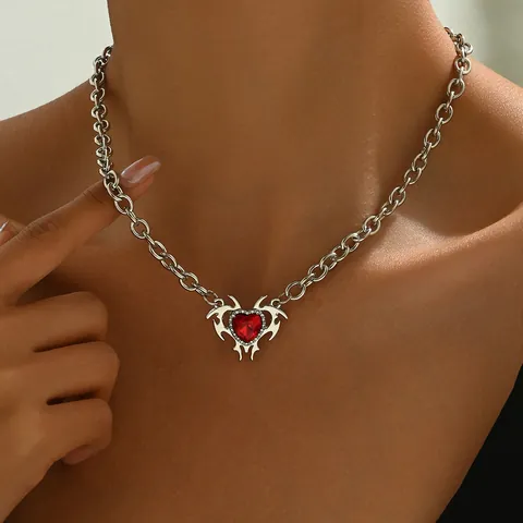 Gothic Heart Pendant Necklace Red Faux Gemstone Silver Toned Chain Y2K Hip Hop Jewelry For Women Statement Neckpiece