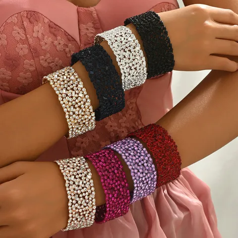 Luxury Zinc Alloy Rhinestone Wide Elastic Bracelet For Women Sparkling Geometric Party Banquet Full Inlaid Bangle Jewelry