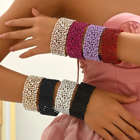 Luxury Zinc Alloy Rhinestone Wide Elastic Bracelet For Women Sparkling Geometric Party Banquet Full Inlaid Bangle Jewelry