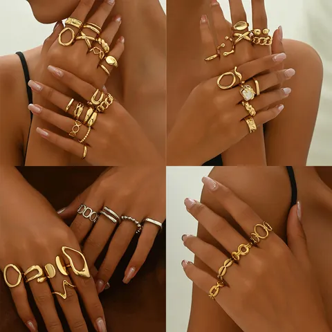 Juego de Anillos de Aleación Bohemia para Mujer Chapado en Oro Plata Geométrico Abierto Ajustable Corazón Perla Artificial de Imitación
