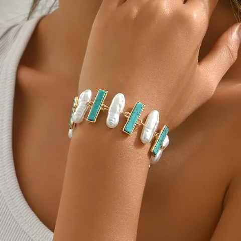 Boho Barockperle Türkis Armband Für Damen Vintage Vergoldetes Zinklegierung Geometrisches Gliederkettenarmband Schmuck Geschenk