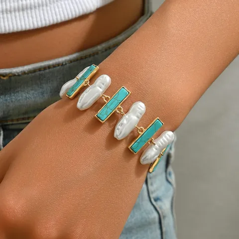 Boho Barockperle Türkis Armband Für Damen Vintage Vergoldetes Zinklegierung Geometrisches Gliederkettenarmband Schmuck Geschenk