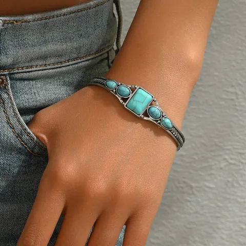 Vintage Zinc Alloy Turquoise Inlaid Open Cuff Bracelet Adjustable Bohemian Style Silver Plated Geometric Bangle For Women