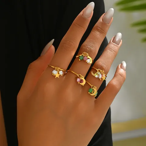 Bohemian Kupfer Vergoldet Offener Ring Für Damen Geometrischer Stern Mond Anhänger Bunte Glasperlen Verstellbarer Fingerring Schmuck