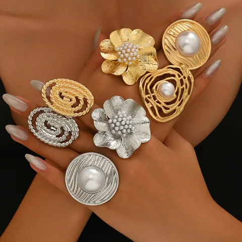 Vintage Geometric Flower Open Rings For Women Copper Artificial Pearl Inlaid Ripple Texture Gold Silver Bohemian Finger Jewelry
