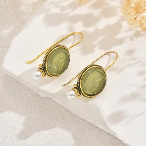 Orecchini a Goccia Geometrici Vintage in Rame Con Pietra Verde e Perle Intarsiate Intaglio Elegante Gioielli alla Moda Donna