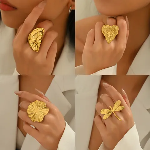 Vintage Gold Hammered Zinc Alloy Open Ring For Women Large Heart Dragonfly Flower Adjustable Geometric Statement Finger Ring Jewelry
