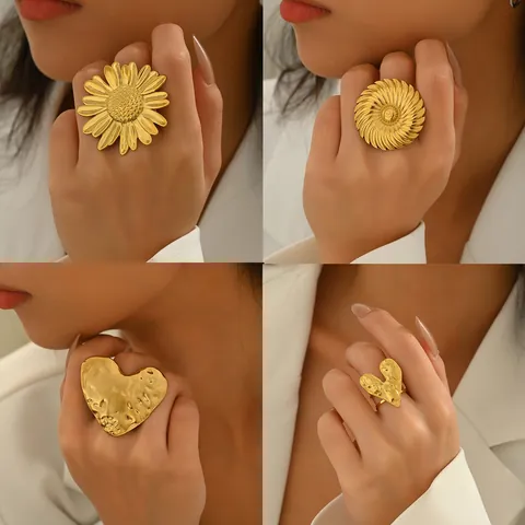 Vintage Gold Hammered Zinc Alloy Open Ring For Women Large Heart Dragonfly Flower Adjustable Geometric Statement Finger Ring Jewelry