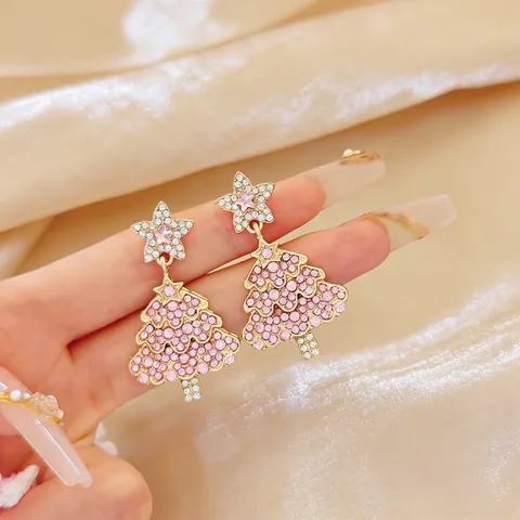 Lussuosi Orecchini Pendenti a Albero di Natale Rosa con Strass e Perno in Argento Sterling 925 Oro Lega Stella Gioielli Festa Donna