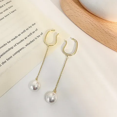 Eleganti Orecchini a Clip Francesi Minimalisti con Perla Sintetica e Catena Lunga per Donna Placcati Oro Argento Gioielli da Sposa