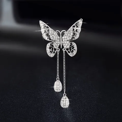 Elegant Butterfly Tassel Brooch With Sparkling Zirconia Hollow Out Design Water Drop Pendant Alloy Jewelry For Women Party