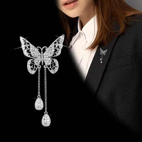 Elegant Butterfly Tassel Brooch With Sparkling Zirconia Hollow Out Design Water Drop Pendant Alloy Jewelry For Women Party