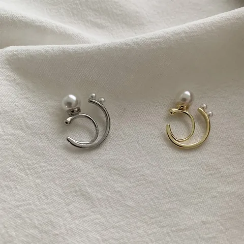 Clip de Oreja de Aleación Minimalista con Perla Artificial para Mujer Estilo Coreano Retro Doble Anillo en Forma de C Sin Perforación Oro Plata Joyería