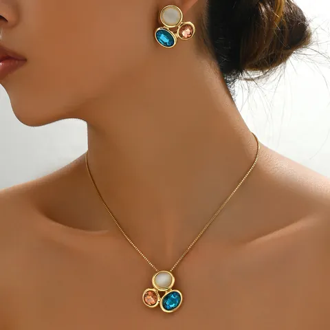 European Minimalist Gold Plated Copper Jewelry Set Women Gemstone Inlaid Necklace Earrings Enamel Flower Geometric Pendant Fashion Jewelry Set