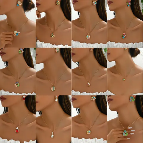 European Minimalist Gold Plated Copper Jewelry Set Women Gemstone Inlaid Necklace Earrings Enamel Flower Geometric Pendant Fashion Jewelry Set