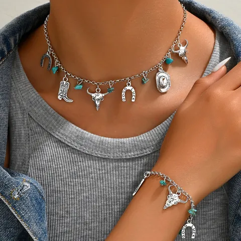 Western Cowboy Style Alloy Turquoise Bull Skull Horseshoe Pendant Necklace And Bracelet Set For Women Bohemian Jewelry