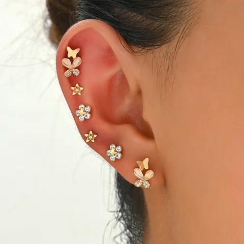 Pendientes de Botón para Mujer Cobre Zirconia Mariposa Flor Estrella Con Poste de Acero Inoxidable Joyería Bañada en Oro