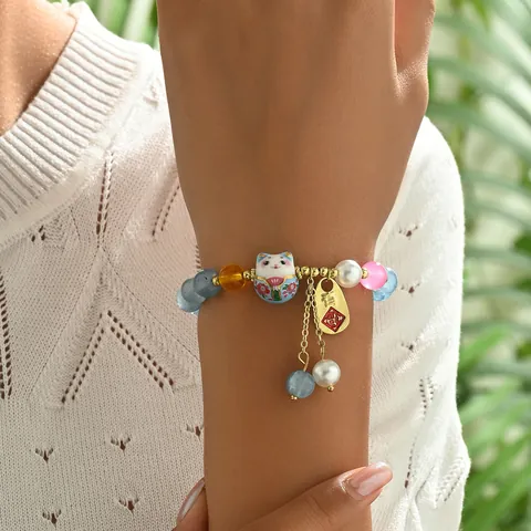 Chinesischer Stil Glückskatze Perlenarmband Für Damen Kristall Keramik Perlen Vergoldet Legierung Fu Anhänger Quaste Schmuck