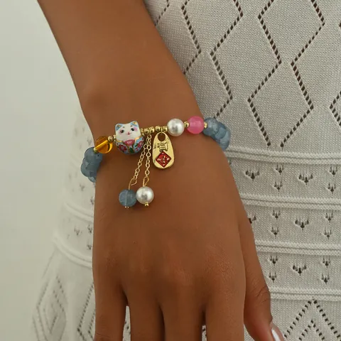Chinesischer Stil Glückskatze Perlenarmband Für Damen Kristall Keramik Perlen Vergoldet Legierung Fu Anhänger Quaste Schmuck