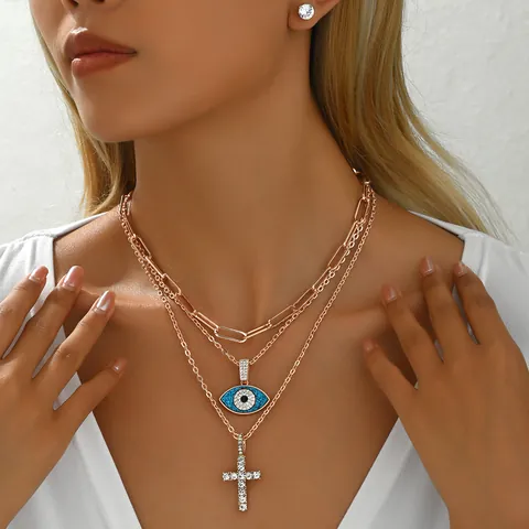 Europäisch Amerikanisches Kupfer Schmuckset Roségold Zirkonia Schichtkette Mit Bösem Blick Kreuz Anhänger Büroklammer Kette Ohrringe Damen