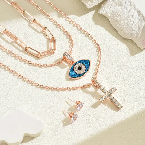 Europäisch Amerikanisches Kupfer Schmuckset Roségold Zirkonia Schichtkette Mit Bösem Blick Kreuz Anhänger Büroklammer Kette Ohrringe Damen