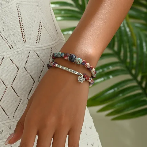 Bohemian Vintage Beaded Bracelet For Women With Glass Stone Multi-colored Double Wrap Bracelet With Flower Pendant Ethnic Jewelry