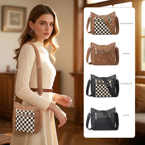 Sac Bandoulière Rétro Femmes en Cuir PU Damier Multi Fermetures éclair Grande Capacité Sac à Épaule avec Bandoulière