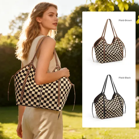 Sac à Main Tote en Toile Damier Vintage Grande Capacité Sac à Bandoulière Plaid Avec Fermoir Magnétique Pour Femme