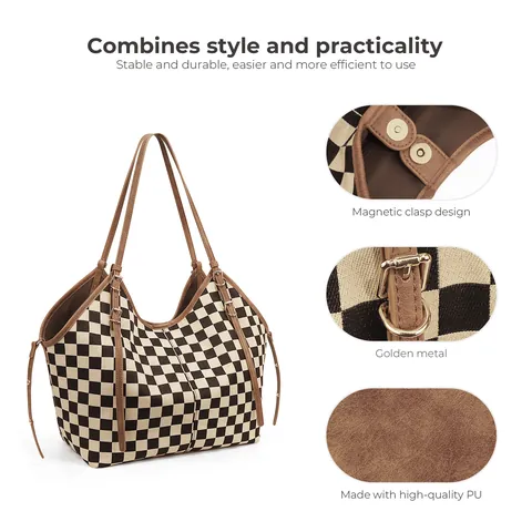 Sac à Main Tote en Toile Damier Vintage Grande Capacité Sac à Bandoulière Plaid Avec Fermoir Magnétique Pour Femme