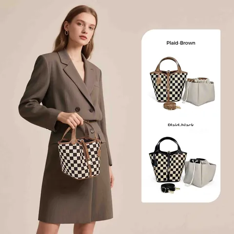 Retro Checkerboard Bucket Bag Women Large Capacity Canvas PU Leather Shoulder Crossbody Bag With Adjustable Strap Padlock