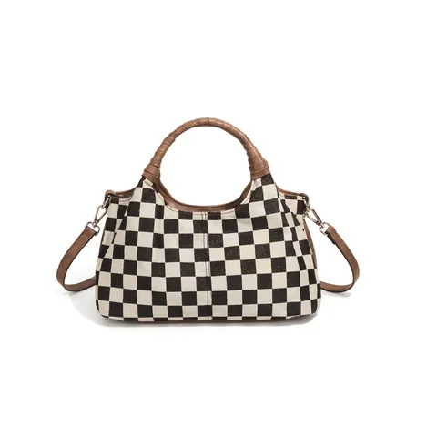 Vintage Schaakbord Patroon Schoudertas Voor Vrouwen Canvas PU Grote Capaciteit Crossbody Handtas Met Afneembare Riem Mode Tote