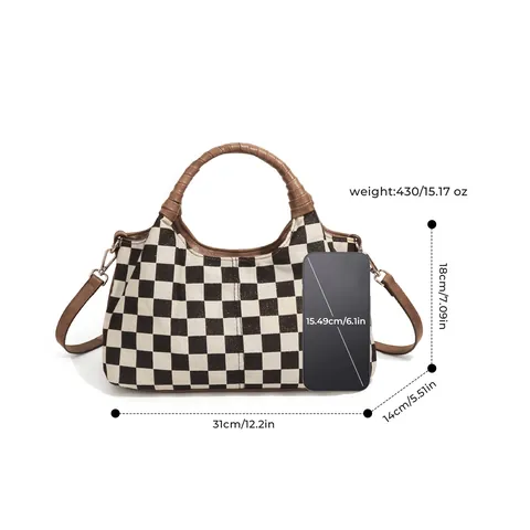 Vintage Schaakbord Patroon Schoudertas Voor Vrouwen Canvas PU Grote Capaciteit Crossbody Handtas Met Afneembare Riem Mode Tote