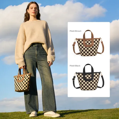 Women Vintage PU Leather Canvas Plaid Bucket Bag Large Capacity Tote Shoulder Crossbody Bag With Adjustable Strap Everyday Bag