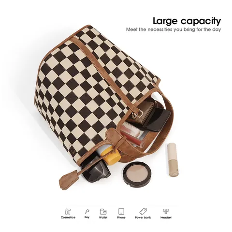 Retro Checkerboard Bucket Bag Women Large Capacity Canvas PU Leather Shoulder Crossbody Bag With Adjustable Strap Padlock