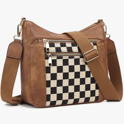 Sac Bandoulière Rétro Femmes en Cuir PU Damier Multi Fermetures éclair Grande Capacité Sac à Épaule avec Bandoulière