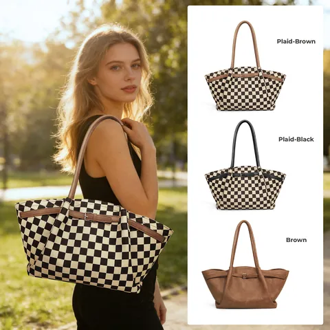 Women Large Capacity Plaid Tote Bag Fashion Polyester Shoulder Bag Minimalist Commuter Handbag With Belt Decoration