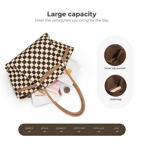 Women Large Capacity Plaid Tote Bag Fashion Polyester Shoulder Bag Minimalist Commuter Handbag With Belt Decoration