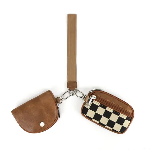 Porte-monnaie de Poignet Moderne en Cuir PU et Toile Damier Pour Femmes Mini Sac Double Multifonctionnel Avec Boucle En Métal