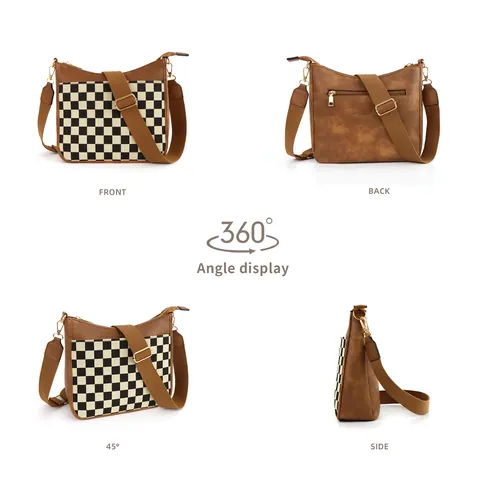 Sac Bandoulière Vintage Échiquier pour Femmes Sac à Épaule en Cuir PU Rétro Grande Capacité Multi Poches Décontracté Quotidien